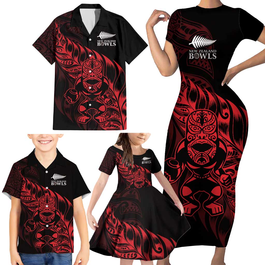 New Zealand Lawn Bowls Custom Family Matching Short Sleeve Bodycon Dress and Hawaiian Shirt Red Maori Warrior Tribal Silver Fern LT9 - Polynesian Pride