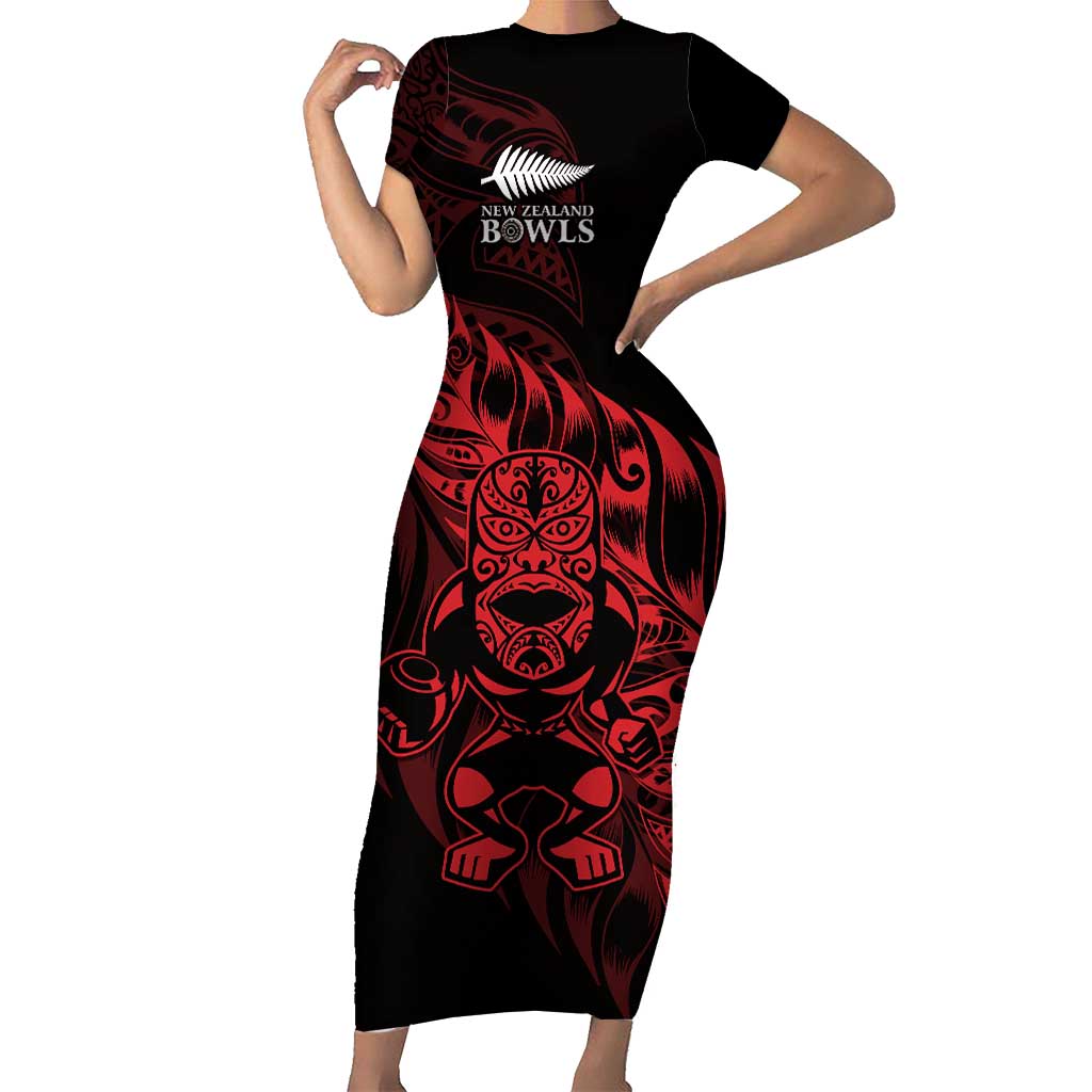 New Zealand Lawn Bowls Custom Family Matching Short Sleeve Bodycon Dress and Hawaiian Shirt Red Maori Warrior Tribal Silver Fern LT9 Mom's Dress Red - Polynesian Pride
