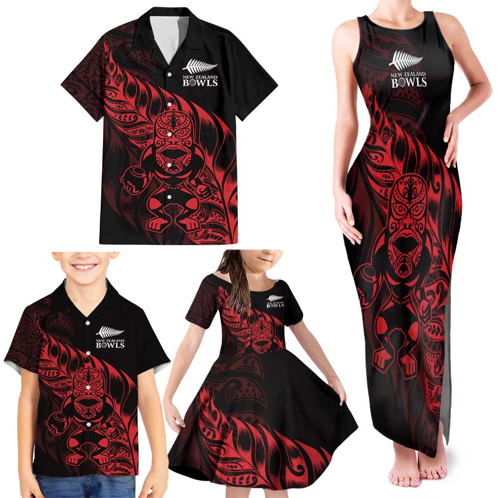 New Zealand Lawn Bowls Custom Family Matching Tank Maxi Dress and Hawaiian Shirt Red Maori Warrior Tribal Silver Fern LT9 - Polynesian Pride