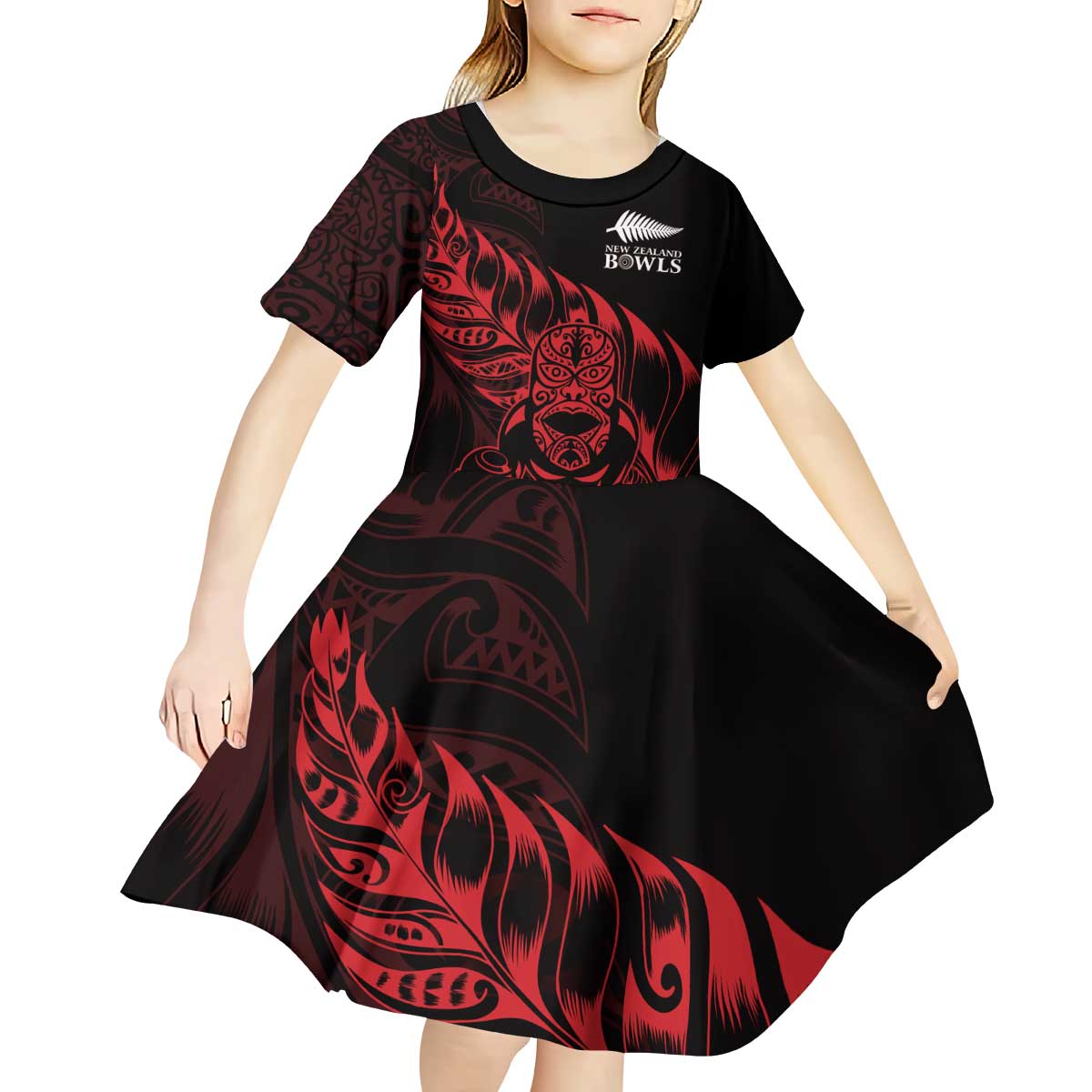 New Zealand Lawn Bowls Custom Kid Short Sleeve Dress Red Maori Warrior Tribal Silver Fern LT9 - Polynesian Pride
