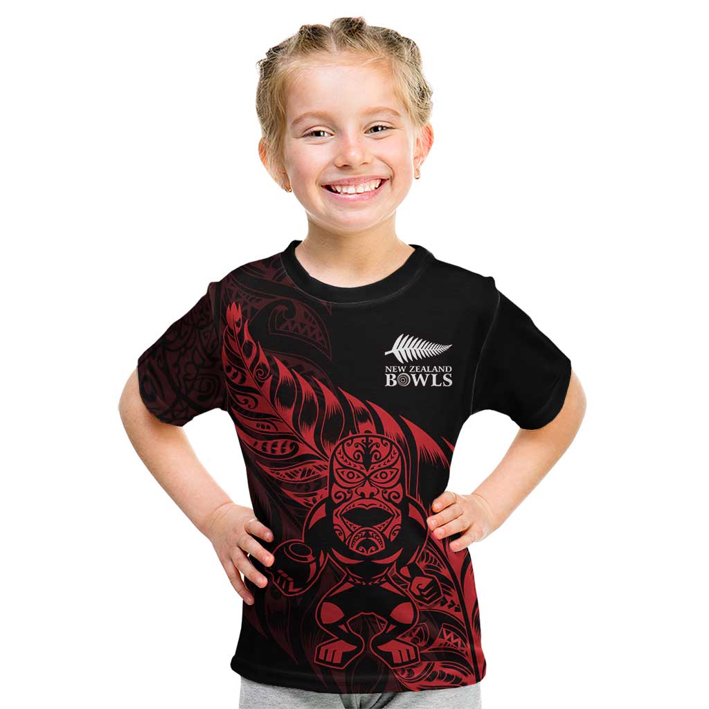 New Zealand Lawn Bowls Custom Kid T Shirt Red Maori Warrior Tribal Silver Fern LT9 Red - Polynesian Pride