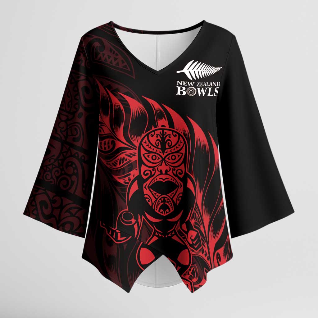 New Zealand Lawn Bowls Custom Kimono Sleeve Blouse Red Maori Warrior Tribal Silver Fern LT9 Female Red - Polynesian Pride