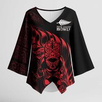 New Zealand Lawn Bowls Custom Kimono Sleeve Blouse Red Maori Warrior Tribal Silver Fern LT9 Female Red - Polynesian Pride