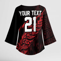 New Zealand Lawn Bowls Custom Kimono Sleeve Blouse Red Maori Warrior Tribal Silver Fern LT9 - Polynesian Pride