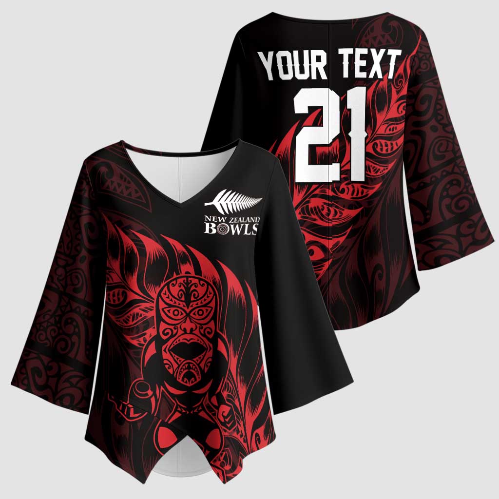 New Zealand Lawn Bowls Custom Kimono Sleeve Blouse Red Maori Warrior Tribal Silver Fern LT9 - Polynesian Pride