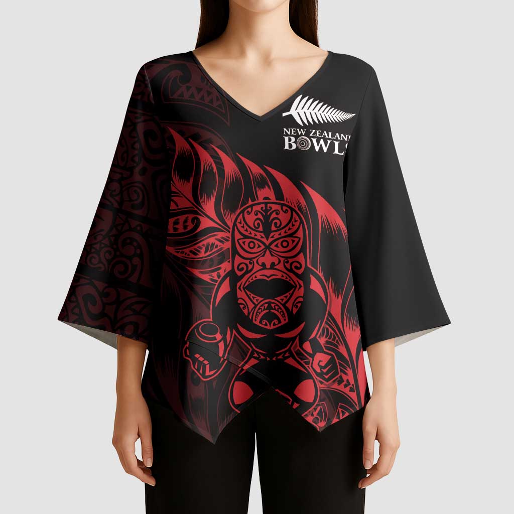 New Zealand Lawn Bowls Custom Kimono Sleeve Blouse Red Maori Warrior Tribal Silver Fern LT9 - Polynesian Pride
