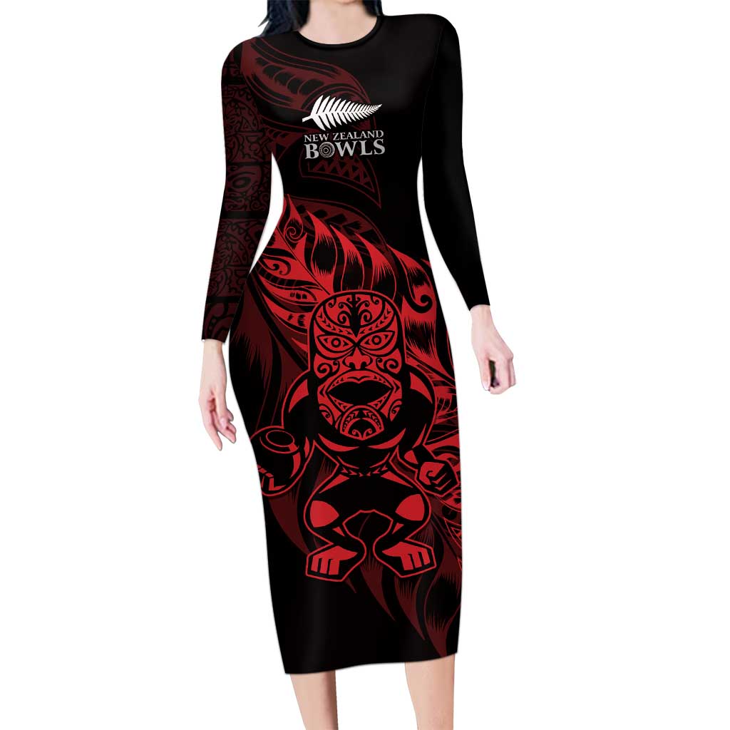 New Zealand Lawn Bowls Custom Long Sleeve Bodycon Dress Red Maori Warrior Tribal Silver Fern LT9 Long Dress Red - Polynesian Pride