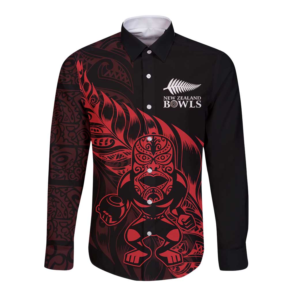 New Zealand Lawn Bowls Custom Long Sleeve Button Shirt Red Maori Warrior Tribal Silver Fern LT9 Unisex Red - Polynesian Pride