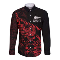 New Zealand Lawn Bowls Custom Long Sleeve Button Shirt Red Maori Warrior Tribal Silver Fern LT9 Unisex Red - Polynesian Pride