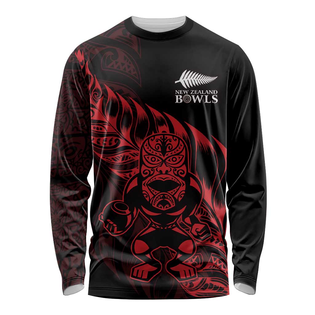 New Zealand Lawn Bowls Custom Long Sleeve Shirt Red Maori Warrior Tribal Silver Fern LT9 Unisex Red - Polynesian Pride