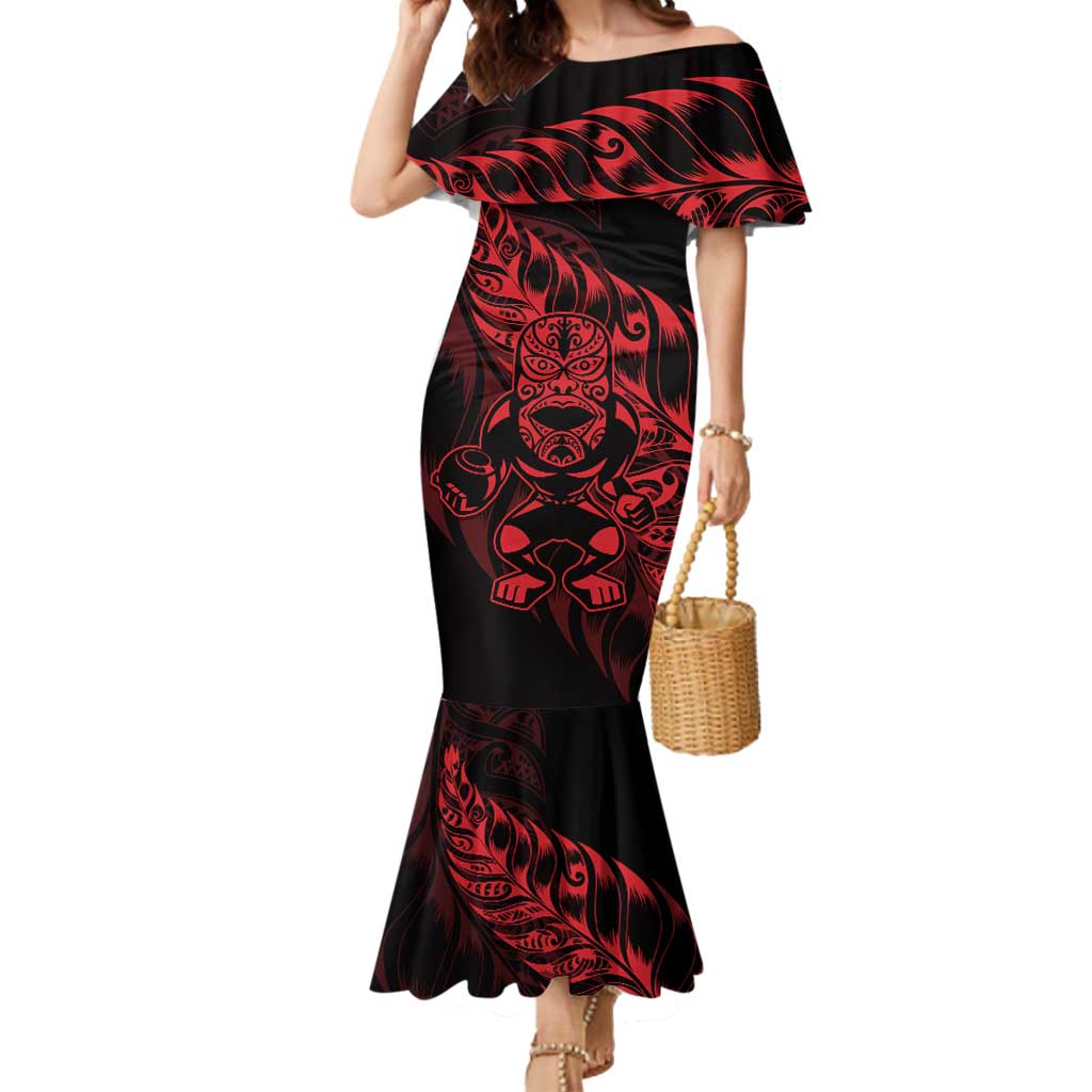 New Zealand Lawn Bowls Custom Mermaid Dress Red Maori Warrior Tribal Silver Fern - Polynesian Pride