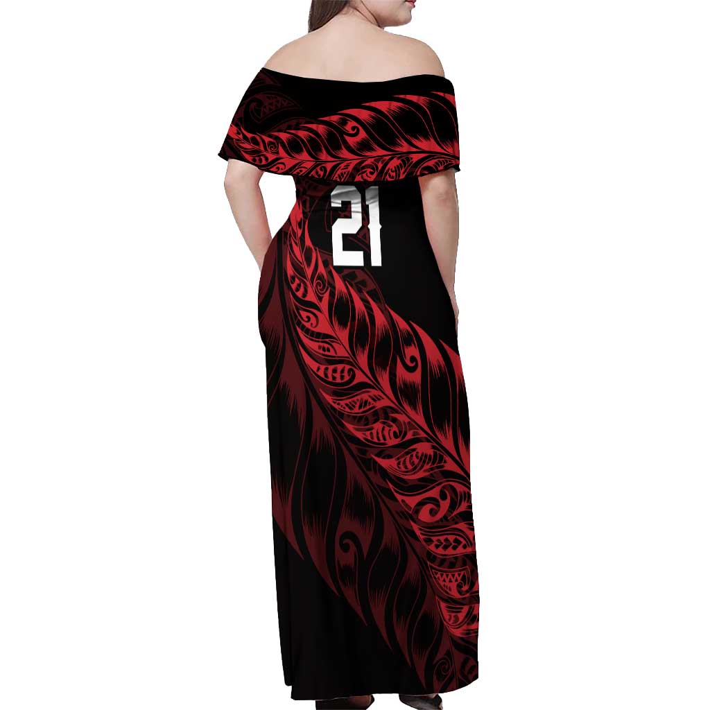 New Zealand Lawn Bowls Custom Off Shoulder Maxi Dress Red Maori Warrior Tribal Silver Fern LT9 - Polynesian Pride