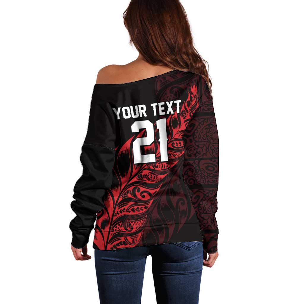 New Zealand Lawn Bowls Custom Off Shoulder Sweater Red Maori Warrior Tribal Silver Fern LT9 - Polynesian Pride