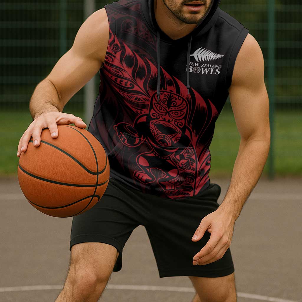 New Zealand Lawn Bowls Custom Sleeveless Hoodie Red Maori Warrior Tribal Silver Fern LT9 - Polynesian Pride