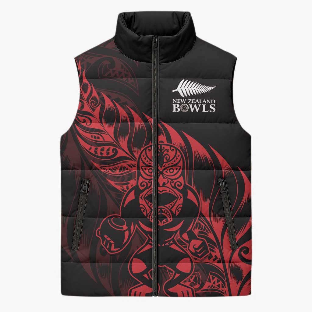 New Zealand Lawn Bowls Custom Sleeveless Puffer Jacket Red Maori Warrior Tribal Silver Fern LT9 Unisex Red - Polynesian Pride