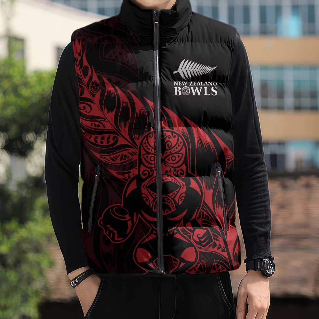 New Zealand Lawn Bowls Custom Sleeveless Puffer Jacket Red Maori Warrior Tribal Silver Fern LT9 - Polynesian Pride