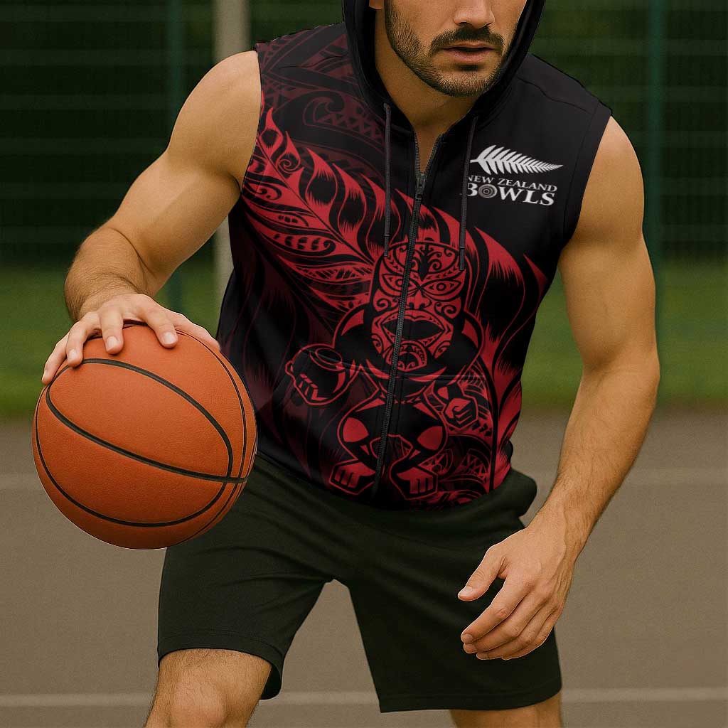 New Zealand Lawn Bowls Custom Sleeveless Zip Hoodie Red Maori Warrior Tribal Silver Fern LT9 - Polynesian Pride
