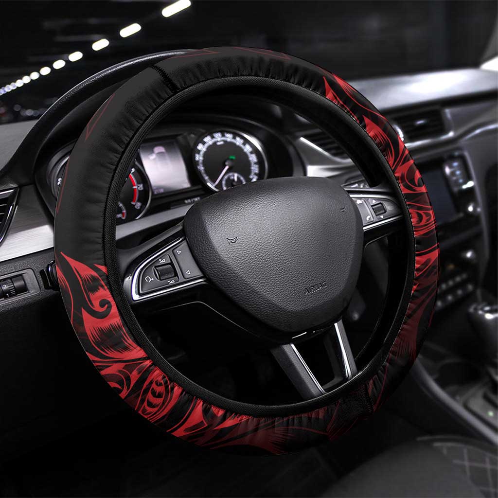 New Zealand Lawn Bowls Steering Wheel Cover Red Maori Warrior Tribal Silver Fern LT9 Universal Fit Red - Polynesian Pride
