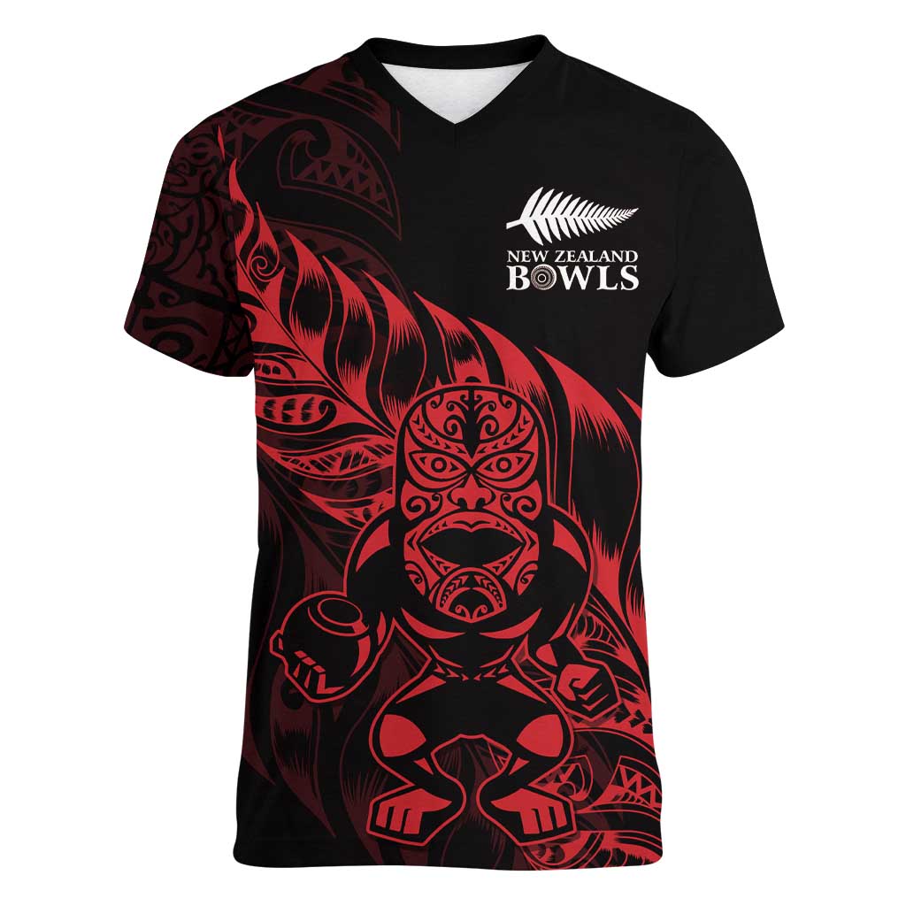 New Zealand Lawn Bowls Custom Women V-Neck T-Shirt Red Maori Warrior Tribal Silver Fern LT9 Female Red - Polynesian Pride