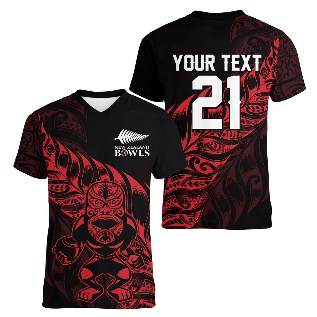 New Zealand Lawn Bowls Custom Women V-Neck T-Shirt Red Maori Warrior Tribal Silver Fern LT9 - Polynesian Pride