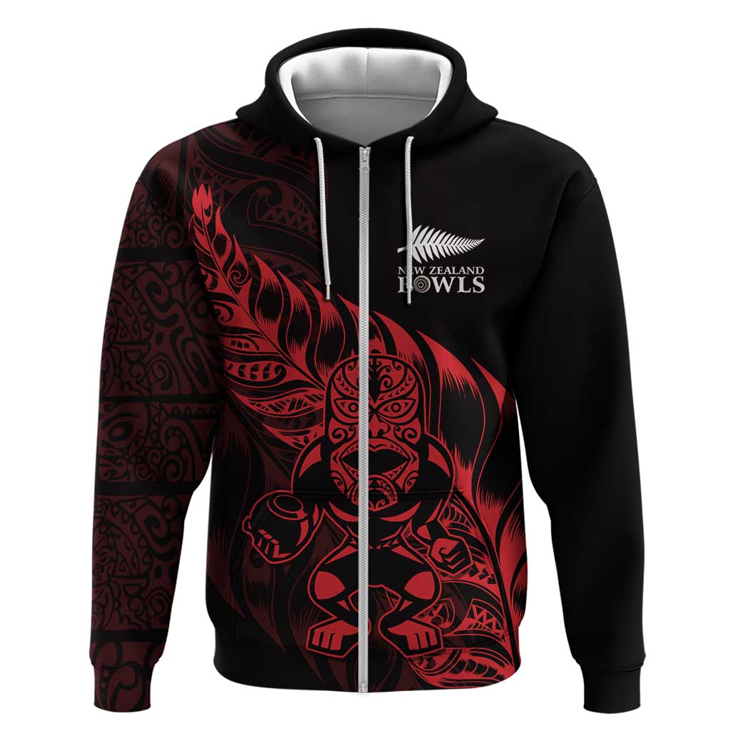 New Zealand Lawn Bowls Custom Zip Hoodie Red Maori Warrior Tribal Silver Fern LT9 Zip Hoodie Red - Polynesian Pride