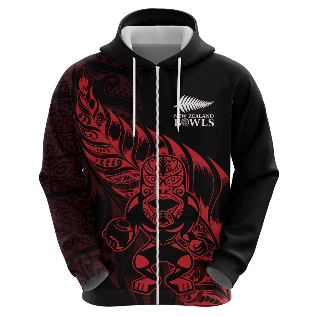 New Zealand Lawn Bowls Custom Zip Hoodie Red Maori Warrior Tribal Silver Fern LT9 - Polynesian Pride