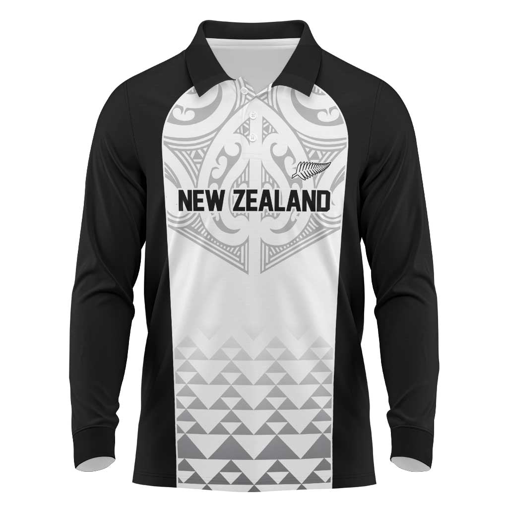 World Football 2026 New Zealand Custom Long Sleeve Polo Shirt All White Fern Maori Tribal LT9 White - Polynesian Pride