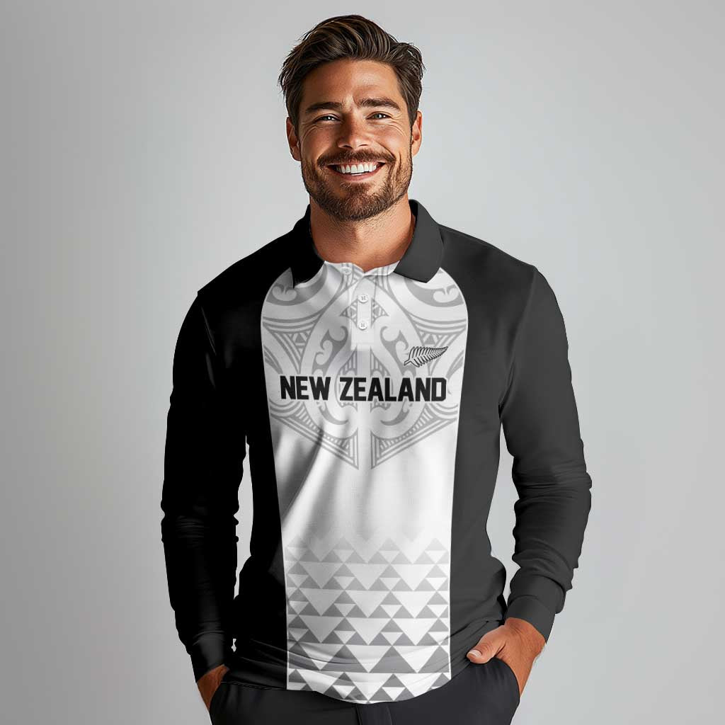 World Football 2026 New Zealand Custom Long Sleeve Polo Shirt All White Fern Maori Tribal LT9 - Polynesian Pride