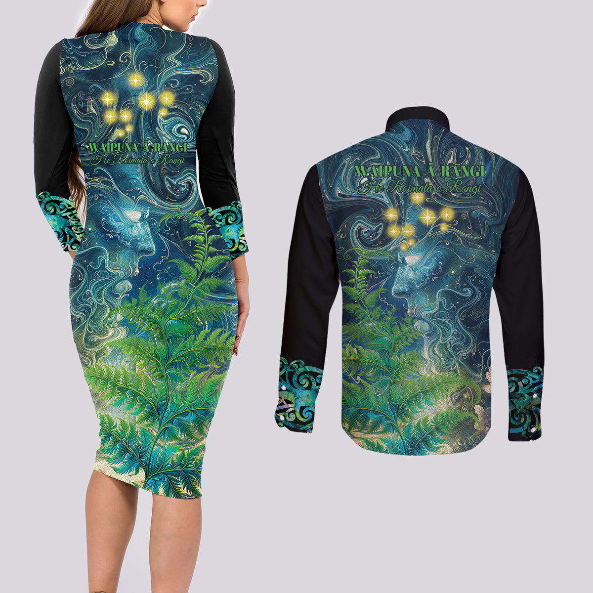 New Zealand Matariki Waipuna-a-rangi Couples Matching Long Sleeve Bodycon Dress and Long Sleeve Button Shirt He Roimata o Rangi LT9 - Polynesian Pride