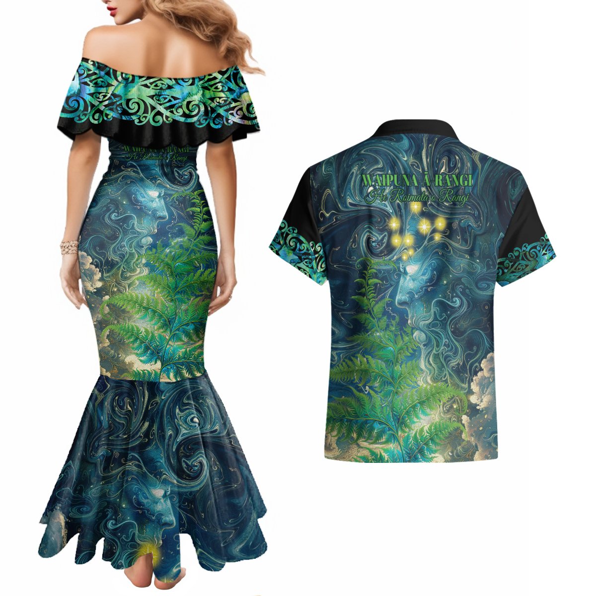 New Zealand Matariki Waipuna-a-rangi Couples Matching Mermaid Dress and Hawaiian Shirt He Roimata o Rangi LT9 - Polynesian Pride