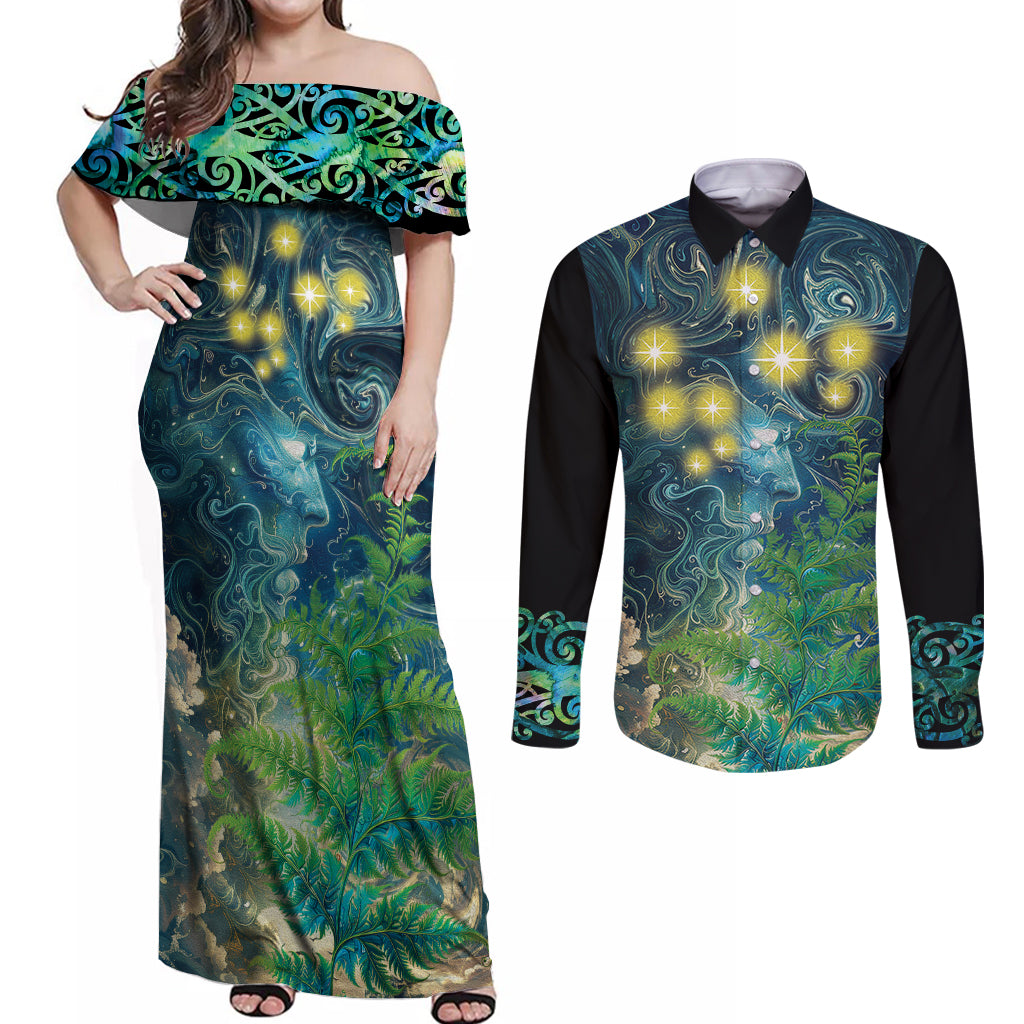 New Zealand Matariki Waipuna-a-rangi Couples Matching Off Shoulder Maxi Dress and Long Sleeve Button Shirt He Roimata o Rangi LT9 Black - Polynesian Pride