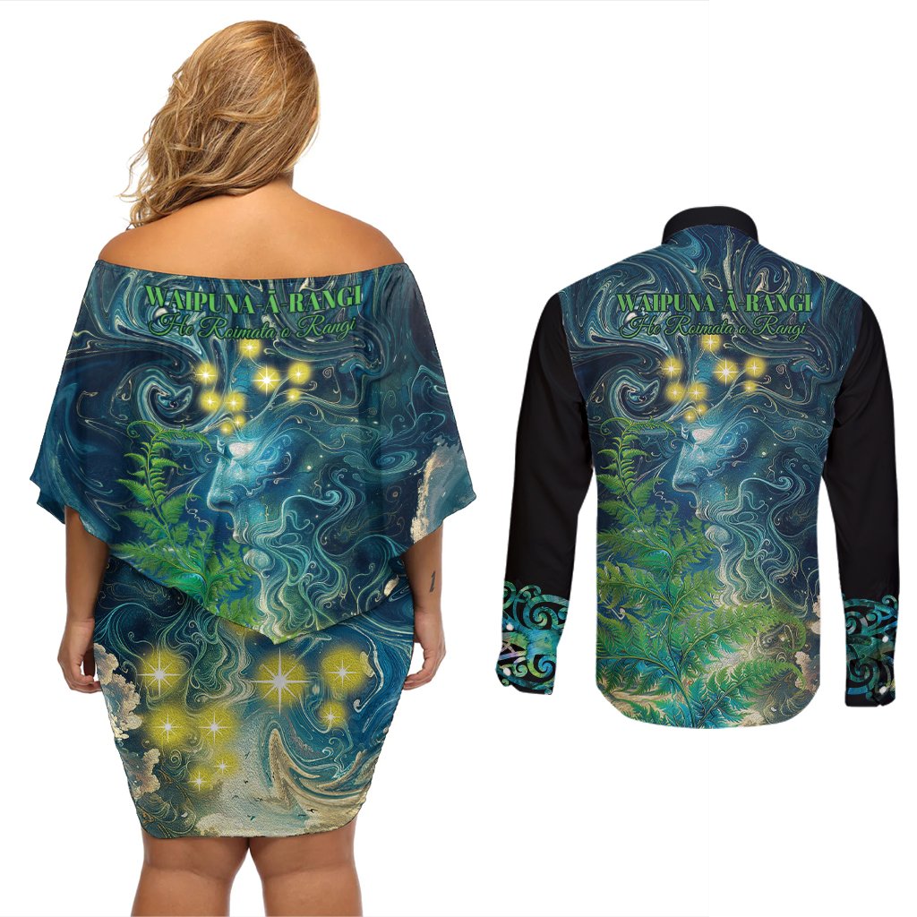 New Zealand Matariki Waipuna-a-rangi Couples Matching Off Shoulder Short Dress and Long Sleeve Button Shirt He Roimata o Rangi LT9 - Polynesian Pride