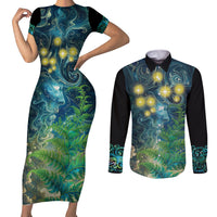 New Zealand Matariki Waipuna-a-rangi Couples Matching Short Sleeve Bodycon Dress and Long Sleeve Button Shirt He Roimata o Rangi LT9 Black - Polynesian Pride