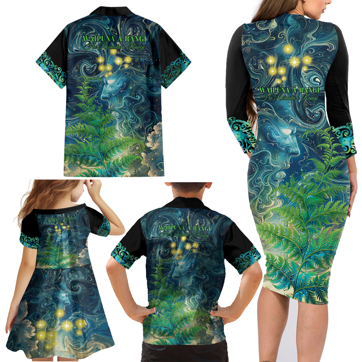 New Zealand Matariki Waipuna-a-rangi Family Matching Long Sleeve Bodycon Dress and Hawaiian Shirt He Roimata o Rangi LT9 - Polynesian Pride