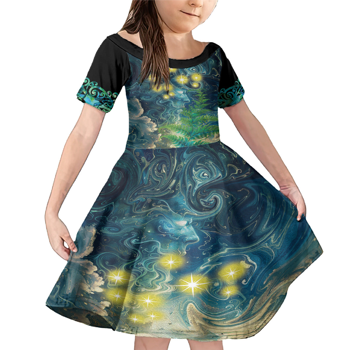 New Zealand Matariki Waipuna-a-rangi Family Matching Mermaid Dress and Hawaiian Shirt He Roimata o Rangi LT9 Daughter's Dress Black - Polynesian Pride