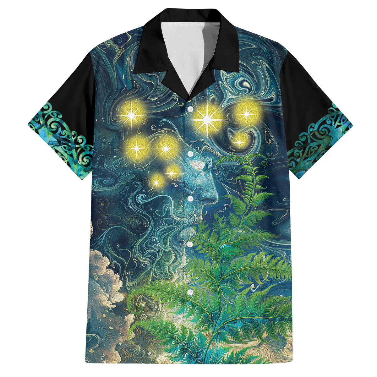 New Zealand Matariki Waipuna-a-rangi Family Matching Puletasi and Hawaiian Shirt He Roimata o Rangi LT9 Dad's Shirt - Short Sleeve Black - Polynesian Pride