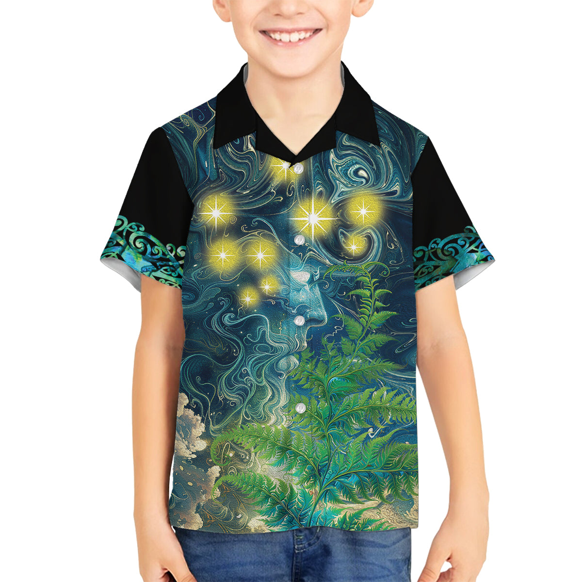 New Zealand Matariki Waipuna-a-rangi Family Matching Puletasi and Hawaiian Shirt He Roimata o Rangi LT9 Son's Shirt Black - Polynesian Pride