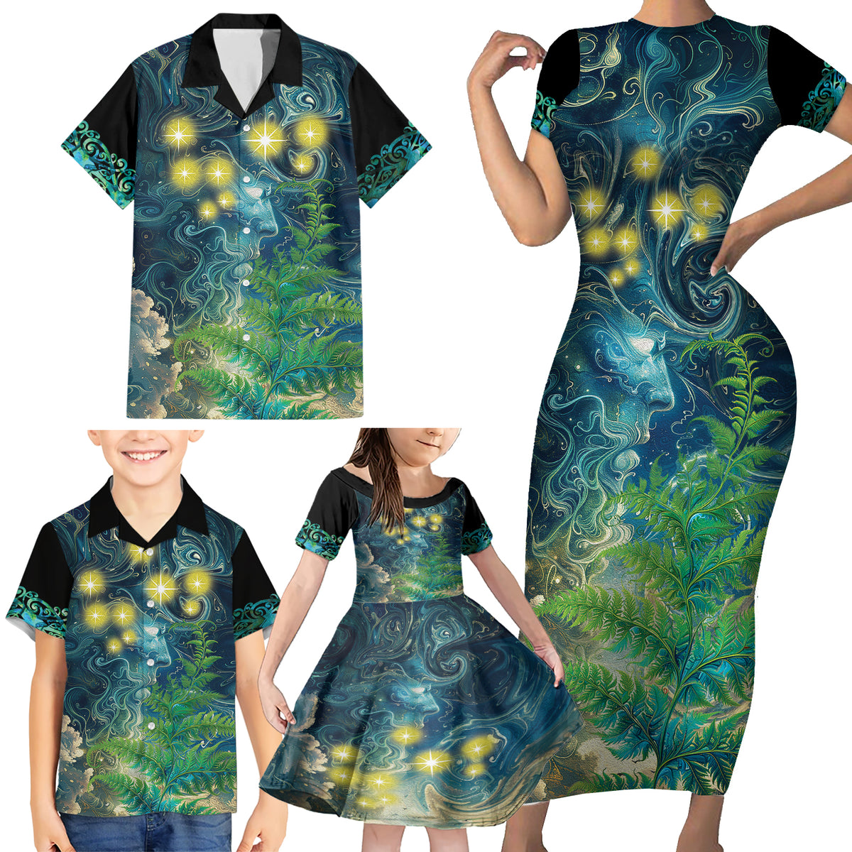 New Zealand Matariki Waipuna-a-rangi Family Matching Short Sleeve Bodycon Dress and Hawaiian Shirt He Roimata o Rangi LT9 - Polynesian Pride
