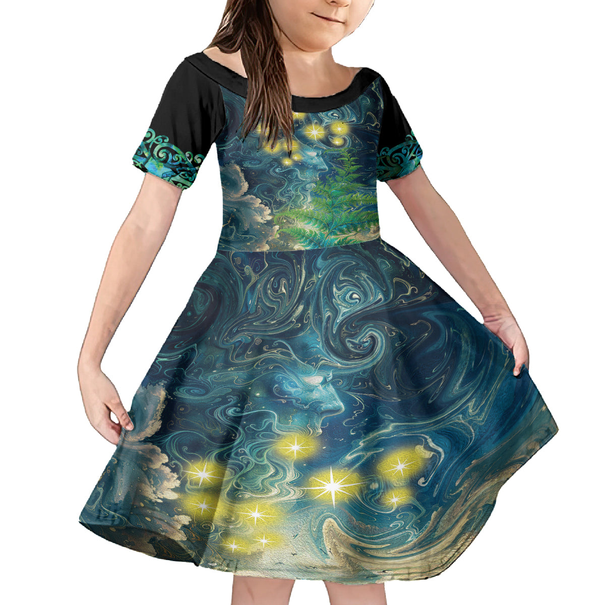 New Zealand Matariki Waipuna-a-rangi Family Matching Summer Maxi Dress and Hawaiian Shirt He Roimata o Rangi LT9 Daughter's Dress Black - Polynesian Pride