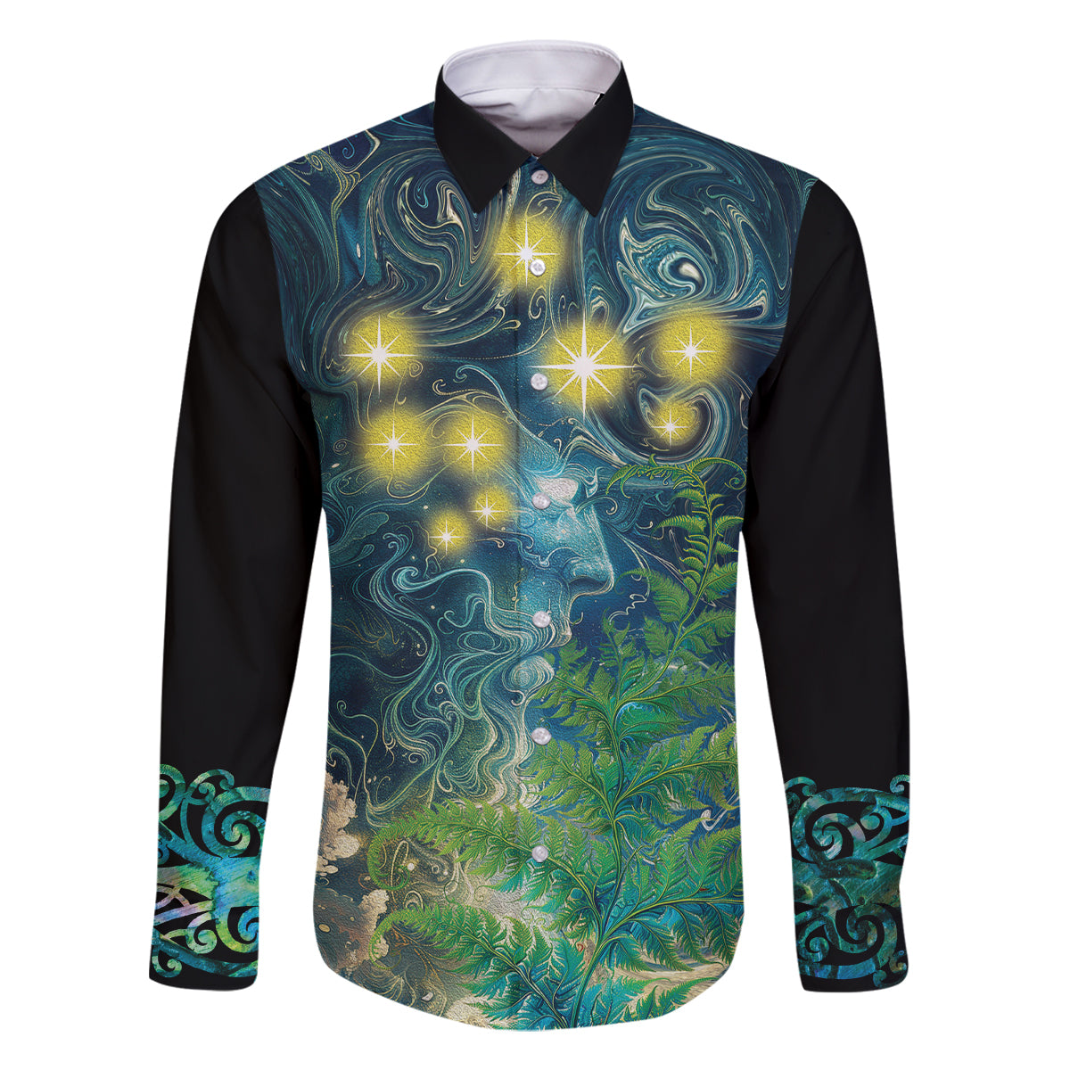 New Zealand Matariki Waipuna-a-rangi Family Matching Summer Maxi Dress and Hawaiian Shirt He Roimata o Rangi LT9 Dad's Shirt - Long Sleeve Black - Polynesian Pride