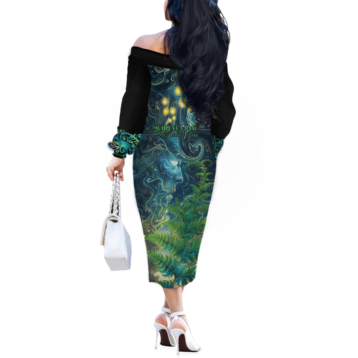 New Zealand Matariki Waipuna-a-rangi Off The Shoulder Long Sleeve Dress He Roimata o Rangi LT9 - Polynesian Pride
