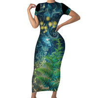New Zealand Matariki Waipuna-a-rangi Short Sleeve Bodycon Dress He Roimata o Rangi LT9 Long Dress Black - Polynesian Pride
