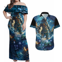 New Zealand Matariki Waita Couples Matching Off Shoulder Maxi Dress and Hawaiian Shirt The Way Of The Water LT9 Black - Polynesian Pride