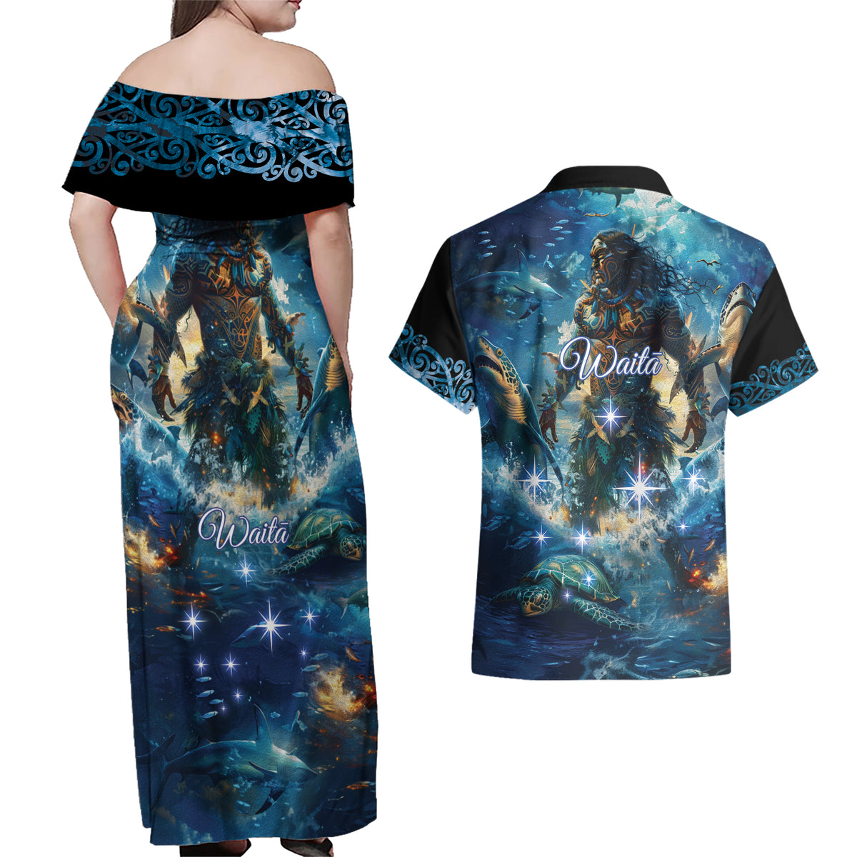 New Zealand Matariki Waita Couples Matching Off Shoulder Maxi Dress and Hawaiian Shirt The Way Of The Water LT9 - Polynesian Pride