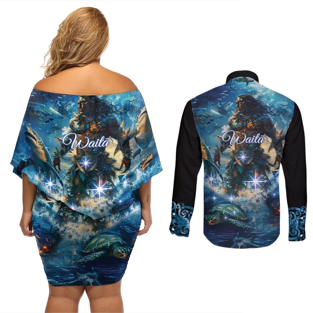New Zealand Matariki Waita Couples Matching Off Shoulder Short Dress and Long Sleeve Button Shirt The Way Of The Water LT9 - Polynesian Pride