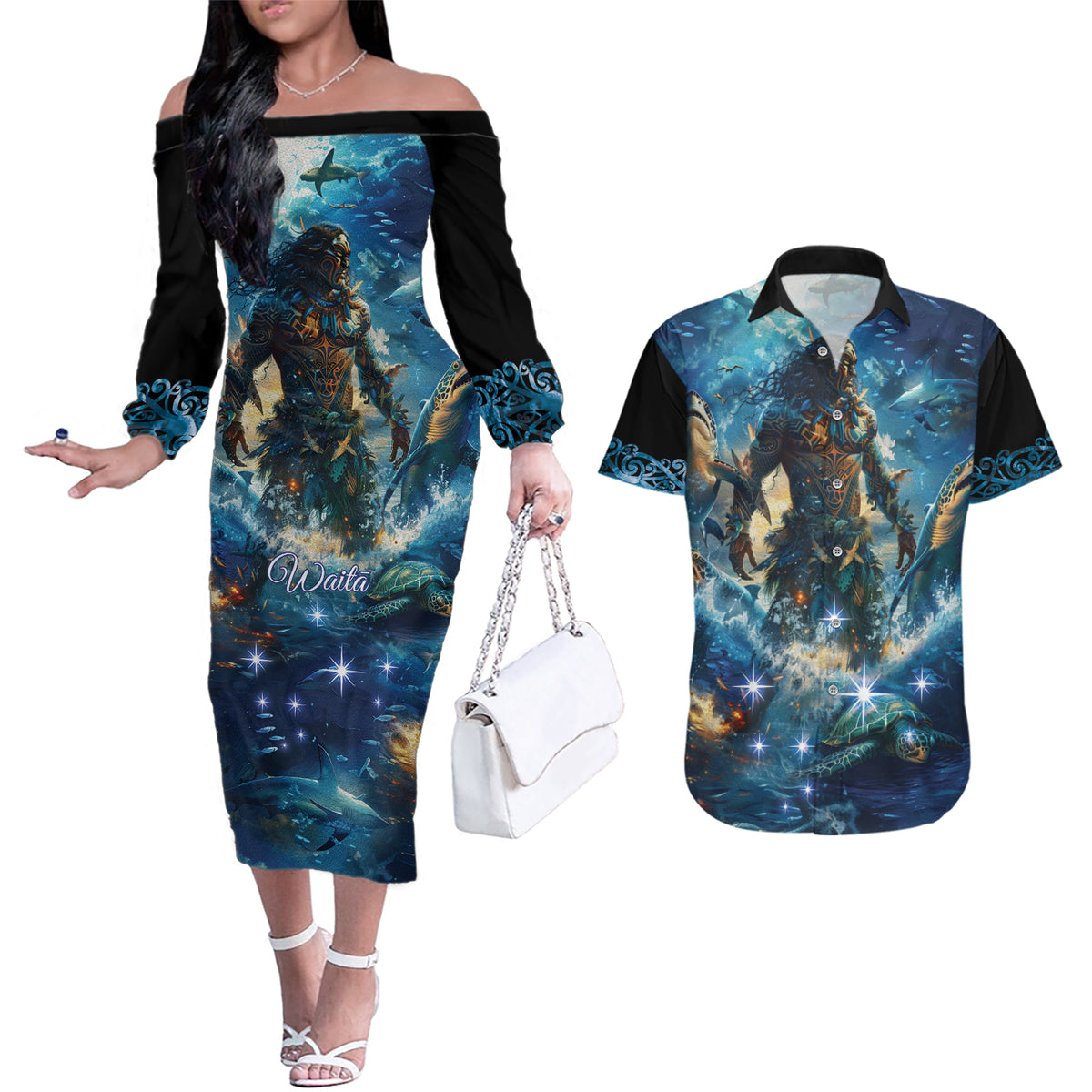 New Zealand Matariki Waita Couples Matching Off The Shoulder Long Sleeve Dress and Hawaiian Shirt The Way Of The Water LT9 Black - Polynesian Pride