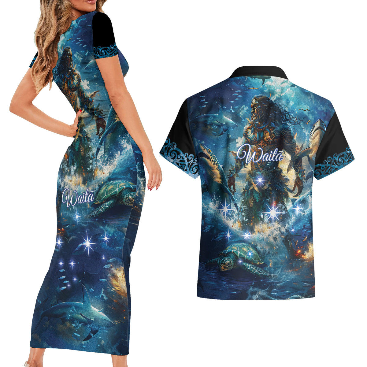 New Zealand Matariki Waita Couples Matching Short Sleeve Bodycon Dress and Hawaiian Shirt The Way Of The Water LT9 - Polynesian Pride