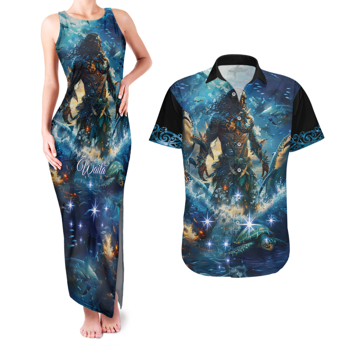 New Zealand Matariki Waita Couples Matching Tank Maxi Dress and Hawaiian Shirt The Way Of The Water LT9 Black - Polynesian Pride