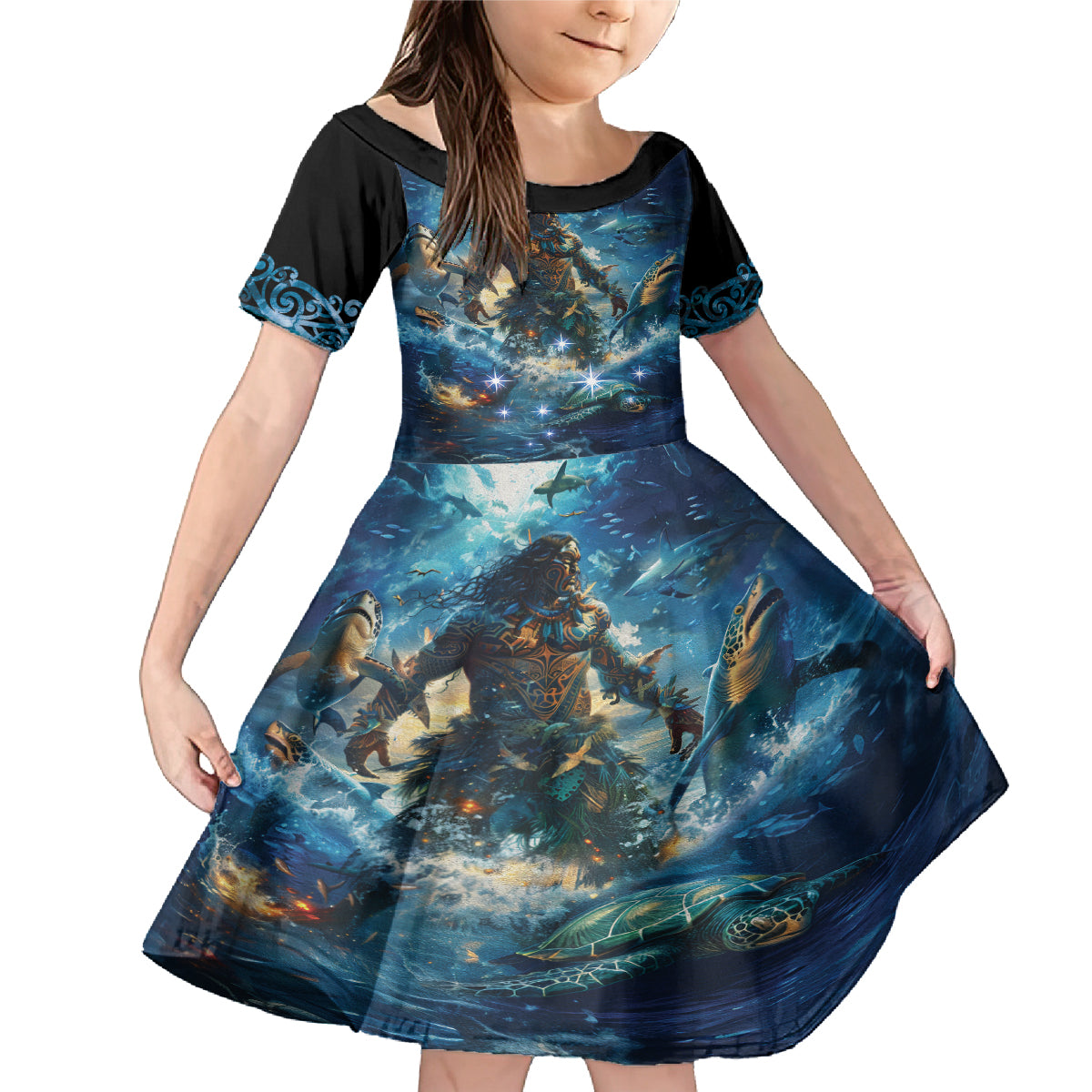 New Zealand Matariki Waita Family Matching Mermaid Dress and Hawaiian Shirt The Way Of The Water LT9 Daughter's Dress Black - Polynesian Pride