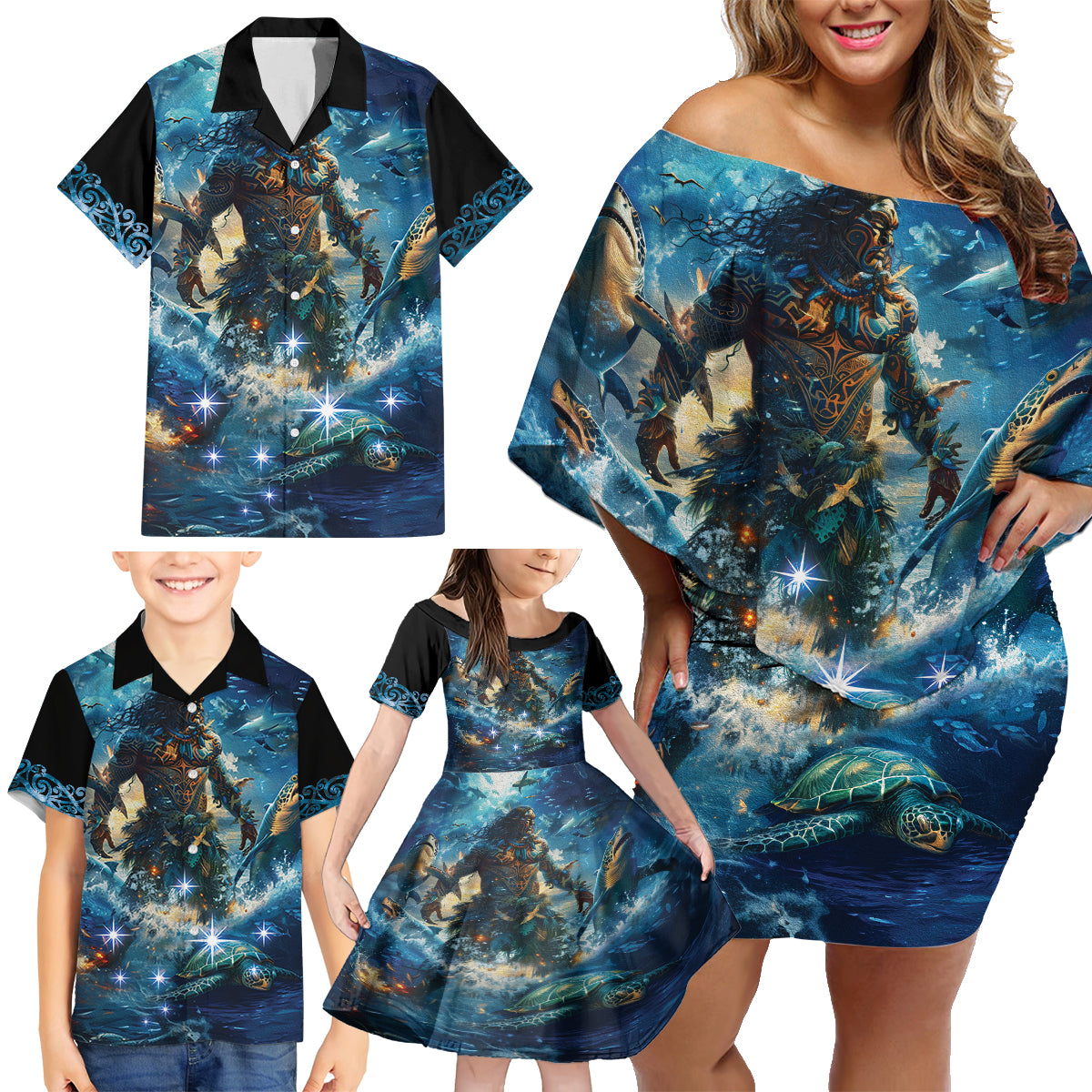 New Zealand Matariki Waita Family Matching Off Shoulder Short Dress and Hawaiian Shirt The Way Of The Water LT9 - Polynesian Pride